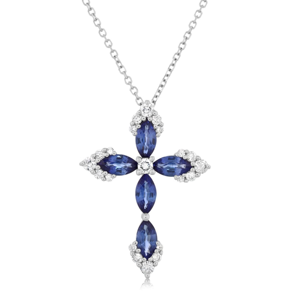 Blue Sapphire & Diamond Cross Pendant Necklace