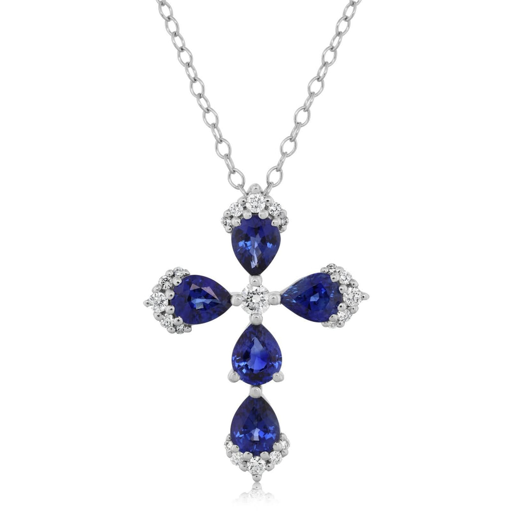 Blue Sapphire & Diamond Cross Pendant Necklace